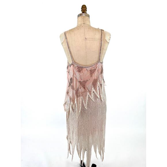 Vtg 80s Sequin Beaded Flapper 20s Art Deco Fringe Glam Gatsby Gown Dress Sz M - Picture 7 of 10